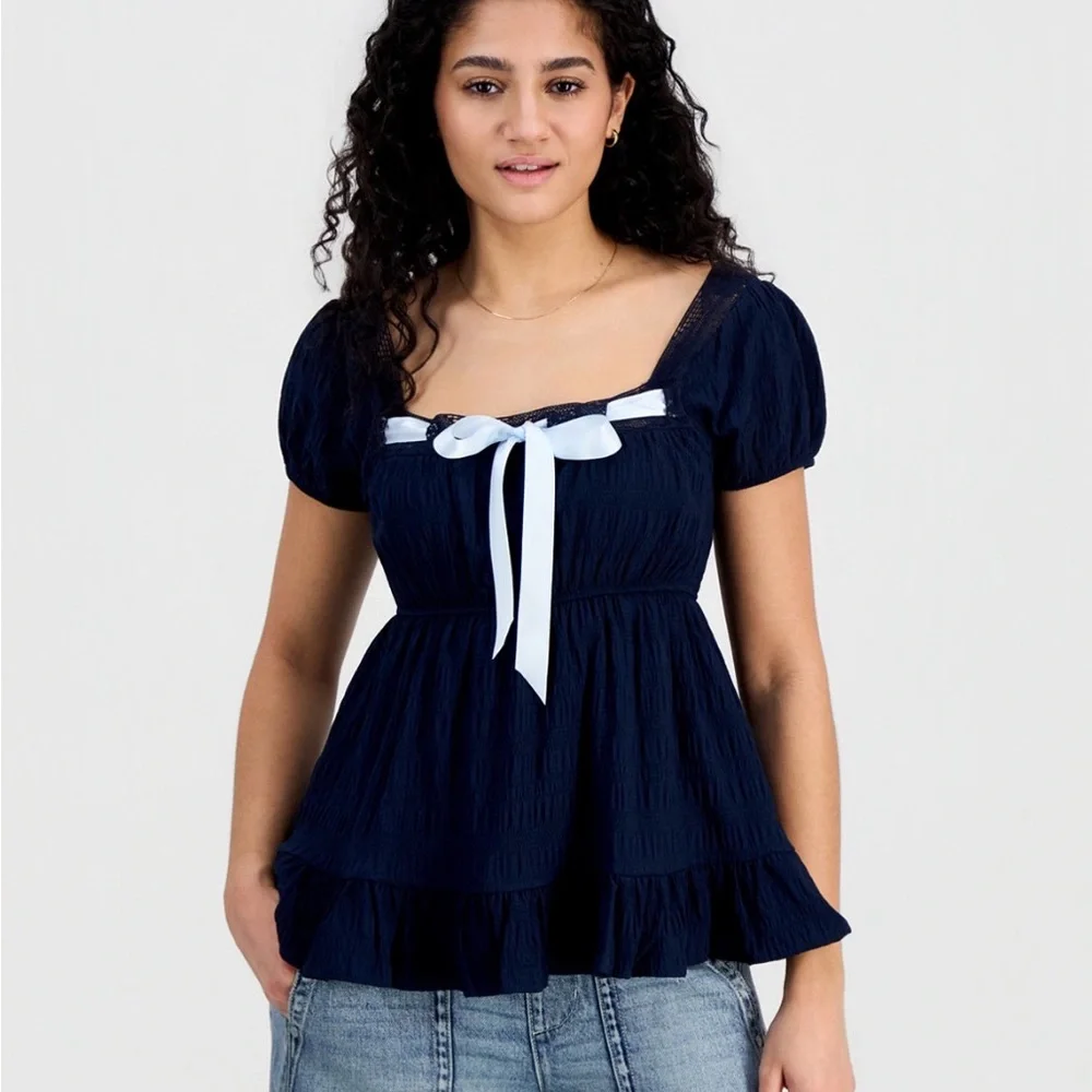 Ultra Flirt Navy Top with White Ribbon - Picture 1 of 6